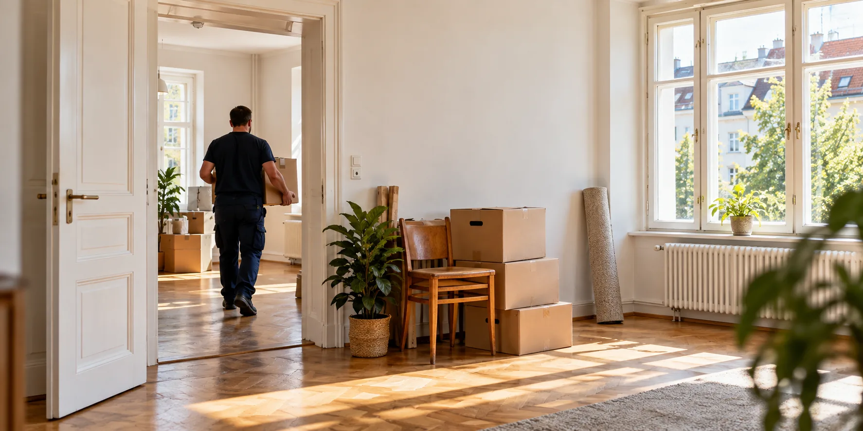 Eine Wohnung wird für die Räumung vorbereitet; ein Mitarbeiter trägt einen Karton hinaus